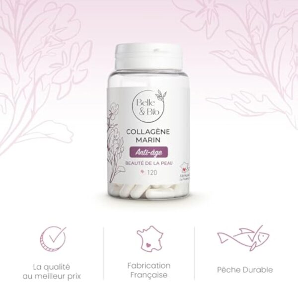 ANTI-ÂGE & TONICITÉ DE LA PEAU - Collagène Marin 90% protéines actives - Vitamines C et E et SELENIUM - 120 gélules - Cure 2 mois - Complément Alimentaire BELLE&BIO - Fabriqué en France – Image 8