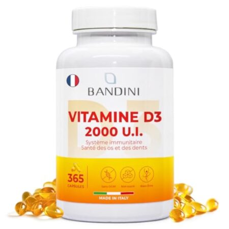 Bandini® Vitamine D3 2000 UI 365 Gélules (1 An) | Vitamin D 50μg avec Huile d’Olive Extra Vierge pour Absorption Optimale | Complément Alimentaire pour les Fonctions Osseuse, Musculaire, Immunitaire