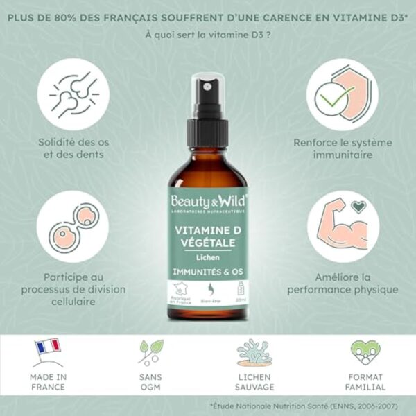 Beauty & Wild VITAMINE D3 VÉGÉTALE | 2 spray = 2000UI | Immunité & Santé des Os et des Dents | VITAMINE D3 VÉGAN | Enfants & Adultes | Flacon spray | 5 mois de cure | 20ml | MADE IN FRANCE – Image 3