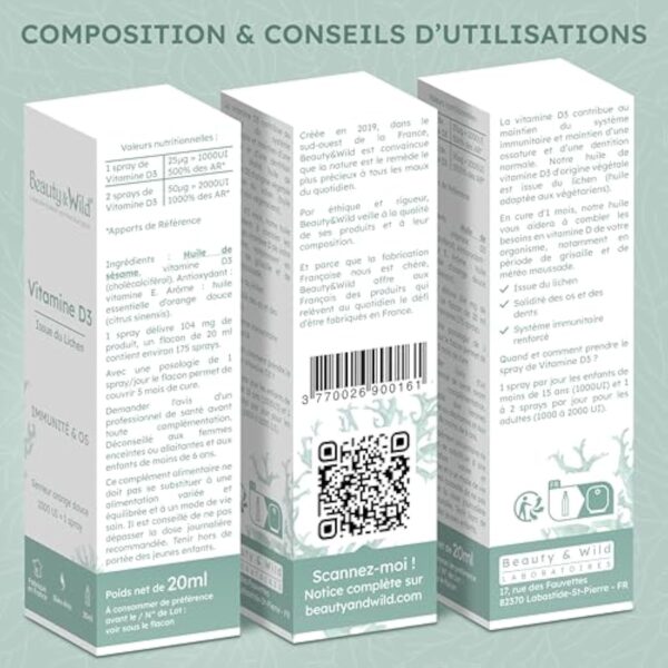 Beauty & Wild VITAMINE D3 VÉGÉTALE | 2 spray = 2000UI | Immunité & Santé des Os et des Dents | VITAMINE D3 VÉGAN | Enfants & Adultes | Flacon spray | 5 mois de cure | 20ml | MADE IN FRANCE – Image 7