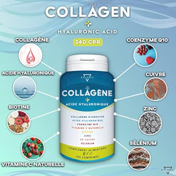 COLLAGENE HYDROLISE 2000MG - 240 COMPRIMÉS | Collagene et Acide Hyaluronique | Collagène, Acide Hyaluronique, Coenzyme Q10, Vitamine C, Biotine et Zinc pour la Peau, les Os et les Articulations – Image 3