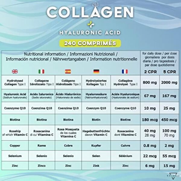 COLLAGENE HYDROLISE 2000MG - 240 COMPRIMÉS | Collagene et Acide Hyaluronique | Collagène, Acide Hyaluronique, Coenzyme Q10, Vitamine C, Biotine et Zinc pour la Peau, les Os et les Articulations – Image 4