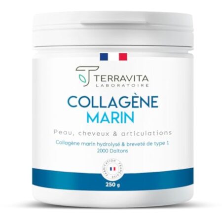 COLLAGÈNE MARIN Breveté en Poudre | 250 Grammes de Peptides de Collagène Purs de Type 1 | Articulations Souples, Peau Lisse et Hydratée | Goût Neutre | Filière 100% Française | Terravita