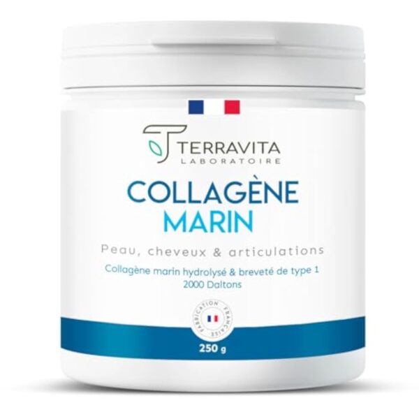 COLLAGÈNE MARIN Breveté en Poudre | 250 Grammes de Peptides de Collagène Purs de Type 1 | Articulations Souples, Peau Lisse et Hydratée | Goût Neutre | Filière 100% Française | Terravita