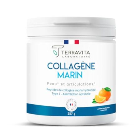 COLLAGÈNE MARIN Breveté en Poudre | 250 Grammes de Peptides de Collagène Purs de Type 1 | Articulations Souples, Peau Lisse et Hydratée | Goût Orange | Filière 100% Française | Terravita
