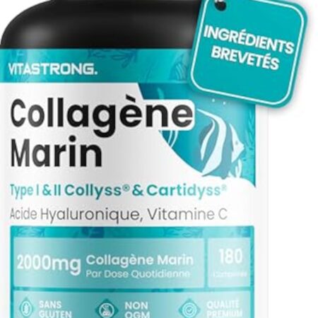 COLLAGÈNE MARIN BREVETÉ 2000mg - Type 1&2 Collyss® & Cartidyss® - 180 comprimés - Collagène marin avec acide hyaluronique - avec vitamine C - Formule efficace - Qualité supérieure - Vitastrong
