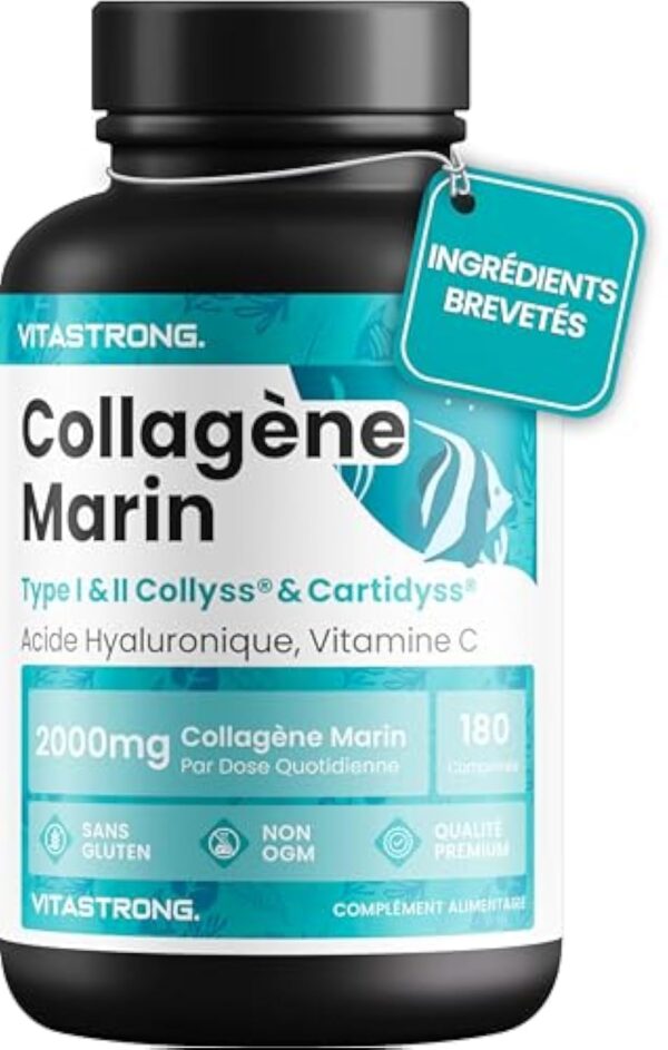 COLLAGÈNE MARIN BREVETÉ 2000mg - Type 1&2 Collyss® & Cartidyss® - 180 comprimés - Collagène marin avec acide hyaluronique - avec vitamine C - Formule efficace - Qualité supérieure - Vitastrong