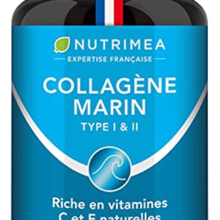 COLLAGENE MARIN - Type 1 & 2 BREVETÉ Pur et Naturel - Vitamines A, C & E Végétales - Nutrimea - Hydratation de la Peau - Protège Os et Articulations - 900 mg - 90 Gélules - Fabriqué en France