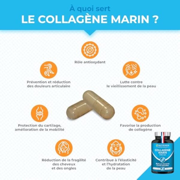 COLLAGENE MARIN - Type 1 & 2 BREVETÉ Pur et Naturel - Vitamines A, C & E Végétales - Nutrimea - Hydratation de la Peau - Protège Os et Articulations - 900 mg - 90 Gélules - Fabriqué en France – Image 3
