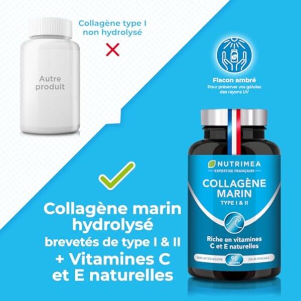 COLLAGENE MARIN - Type 1 & 2 BREVETÉ Pur et Naturel - Vitamines A, C & E Végétales - Nutrimea - Hydratation de la Peau - Protège Os et Articulations - 900 mg - 90 Gélules - Fabriqué en France – Image 4