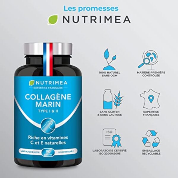 COLLAGENE MARIN - Type 1 & 2 BREVETÉ Pur et Naturel - Vitamines A, C & E Végétales - Nutrimea - Hydratation de la Peau - Protège Os et Articulations - 900 mg - 90 Gélules - Fabriqué en France – Image 9