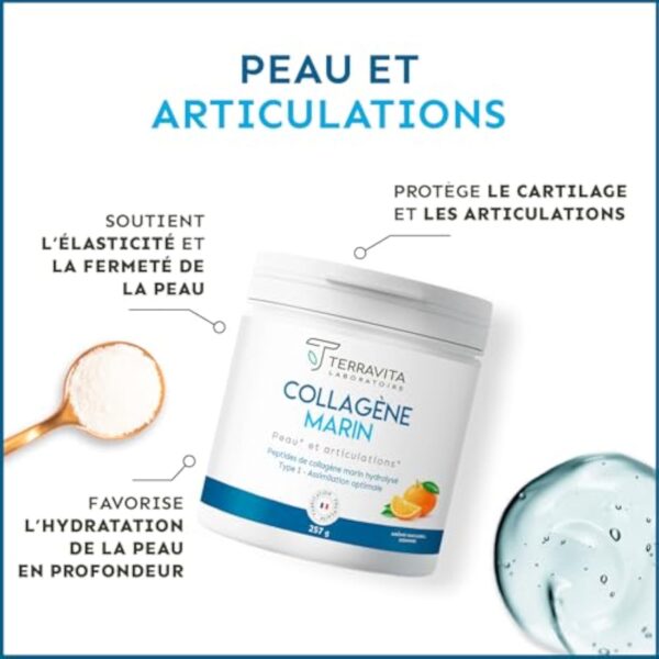 COLLAGÈNE MARIN Breveté en Poudre | 250 Grammes de Peptides de Collagène Purs de Type 1 | Articulations Souples, Peau Lisse et Hydratée | Goût Orange | Filière 100% Française | Terravita – Image 3