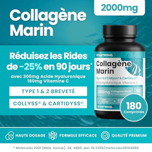 COLLAGÈNE MARIN BREVETÉ 2000mg - Type 1&2 Collyss® & Cartidyss® - 180 comprimés - Collagène marin avec acide hyaluronique - avec vitamine C - Formule efficace - Qualité supérieure - Vitastrong – Image 3