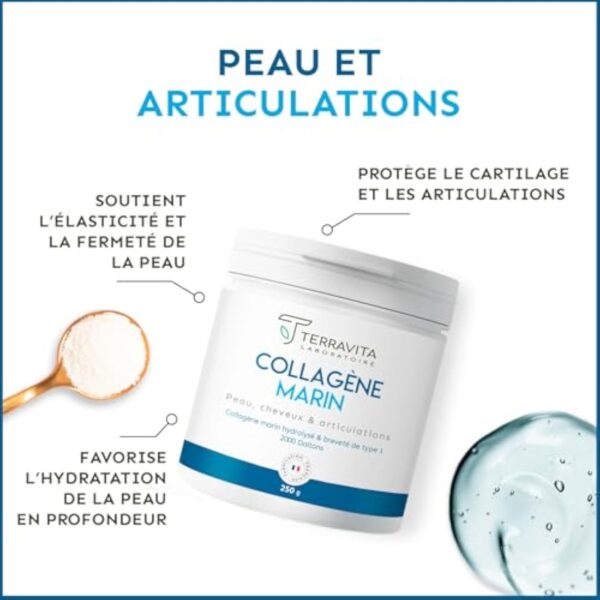 COLLAGÈNE MARIN Breveté en Poudre | 250 Grammes de Peptides de Collagène Purs de Type 1 | Articulations Souples, Peau Lisse et Hydratée | Goût Neutre | Filière 100% Française | Terravita – Image 3