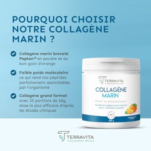 COLLAGÈNE MARIN Breveté en Poudre | 250 Grammes de Peptides de Collagène Purs de Type 1 | Articulations Souples, Peau Lisse et Hydratée | Goût Orange | Filière 100% Française | Terravita – Image 4