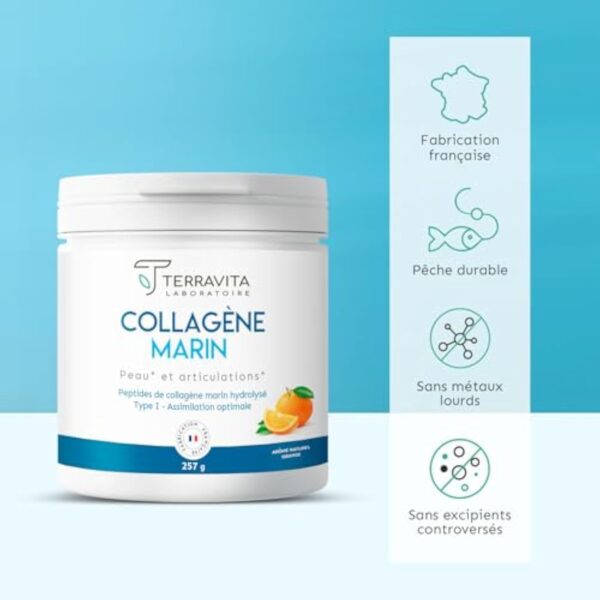 COLLAGÈNE MARIN Breveté en Poudre | 250 Grammes de Peptides de Collagène Purs de Type 1 | Articulations Souples, Peau Lisse et Hydratée | Goût Orange | Filière 100% Française | Terravita – Image 5