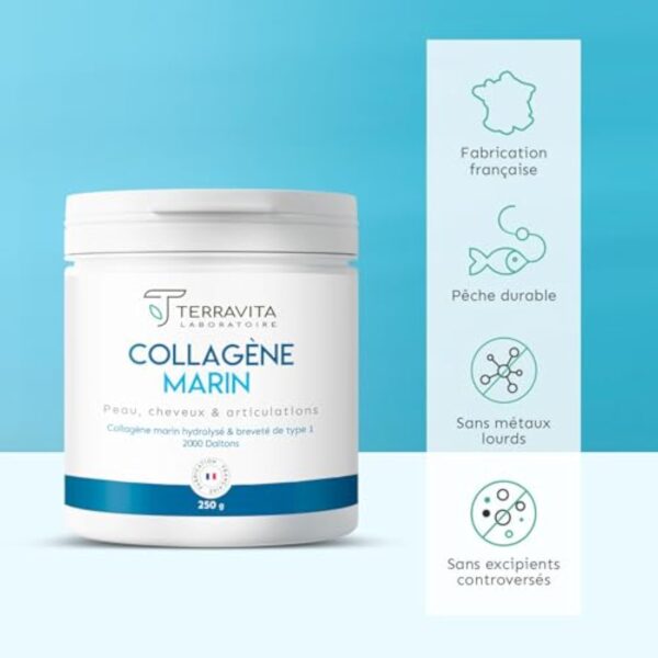 COLLAGÈNE MARIN Breveté en Poudre | 250 Grammes de Peptides de Collagène Purs de Type 1 | Articulations Souples, Peau Lisse et Hydratée | Goût Neutre | Filière 100% Française | Terravita – Image 5