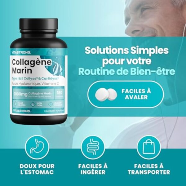 COLLAGÈNE MARIN BREVETÉ 2000mg - Type 1&2 Collyss® & Cartidyss® - 180 comprimés - Collagène marin avec acide hyaluronique - avec vitamine C - Formule efficace - Qualité supérieure - Vitastrong – Image 8