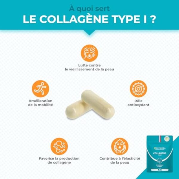 COLLAGÈNE Type I - Source de vitamine C - Hydratation de la Peau - Protège Os & Articulations - 900 mg - 90 Gélules - Nutrimea - Fabriqué en France – Image 5