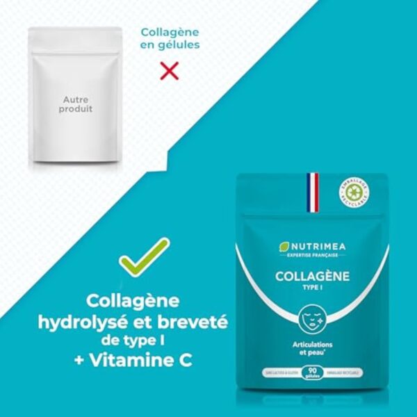 COLLAGÈNE Type I - Source de vitamine C - Hydratation de la Peau - Protège Os & Articulations - 900 mg - 90 Gélules - Nutrimea - Fabriqué en France – Image 6