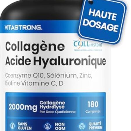 COLLAGENE et ACIDE HYALURONIQUE Vitastrong - 2000mg Collagène COLLinstant® avec Biotine, Coenzyme Q10, Zinc, Sélénium, Vitamine C, Vitamine D - Formule Efficace - Qualité Premium