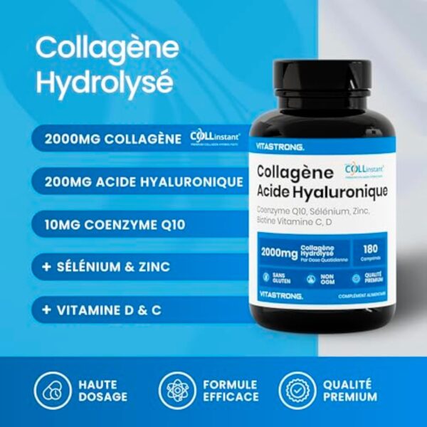 COLLAGENE et ACIDE HYALURONIQUE Vitastrong - 2000mg Collagène COLLinstant® avec Biotine, Coenzyme Q10, Zinc, Sélénium, Vitamine C, Vitamine D - Formule Efficace - Qualité Premium – Image 3