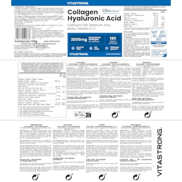 COLLAGENE et ACIDE HYALURONIQUE Vitastrong - 2000mg Collagène COLLinstant® avec Biotine, Coenzyme Q10, Zinc, Sélénium, Vitamine C, Vitamine D - Formule Efficace - Qualité Premium – Image 8