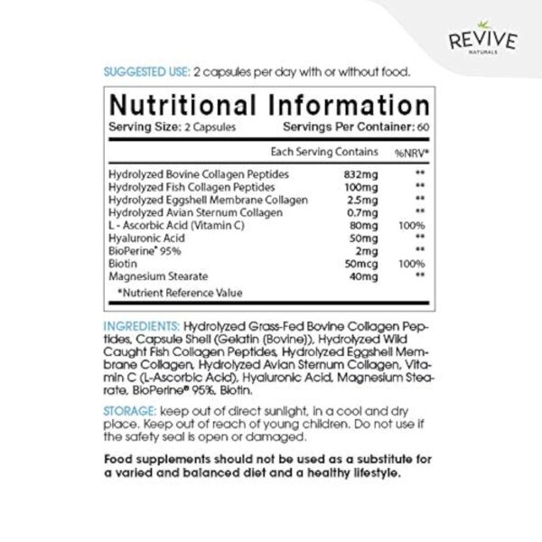 Capsules protéiques multicollagènes - 5 types de peptides de collagène d'origine alimentaire - Bovin hydrolysé nourri à l'herbe, poisson sauvage de mer & poulet en liberté, 120 capsules – Image 3