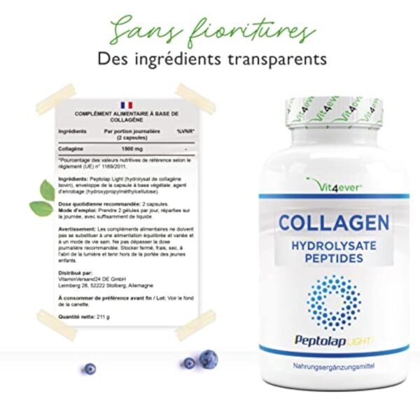 Collagène - 240 gélules - 1500 mg par portion journalière - Premium : 100% collagène hydrolysat peptidique bovin de Peptolap Light - Hautement dosé – Image 7
