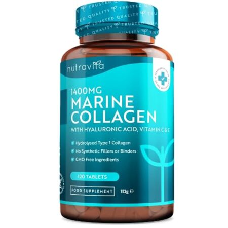 Collagène Marin + Acide Hyaluronique - 1400mg de Collagene Hydrolysé Type 1 - Collagene Marin pour Hydratation de la Peau - avec Vitamine C, E, B2, Zinc et Cuivre - 120 Comprimés - Nutravita