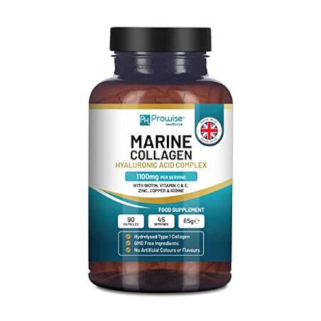 Collagène Marin avec Acide Hyaluronique 1100mg - 90 Capsules Boostées en Acide Hyaluronique, Vitamines C, E, B2, Biotine, Cuivre, Zinc et Iode | Fabriqué au Royaume-Uni par Prowise Healthcare