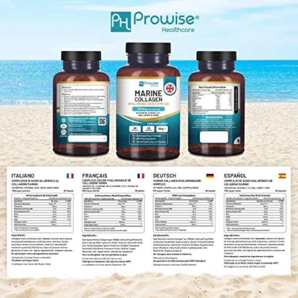 Collagène Marin avec Acide Hyaluronique 1100mg - 90 Capsules Boostées en Acide Hyaluronique, Vitamines C, E, B2, Biotine, Cuivre, Zinc et Iode | Fabriqué au Royaume-Uni par Prowise Healthcare – Image 3