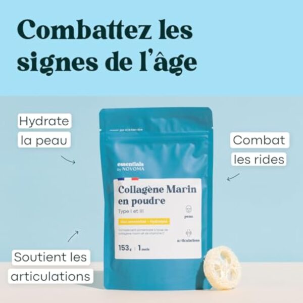 Collagène Marin Poudre Type 1 et 3, Non Aromatisé, 5g par jour, Cure de 30 jours, Peptides Hydrolysés 2000 DA, Peau Hydratée & Articulations Souples, Sachet 153g, Essentials by Novoma – Image 3