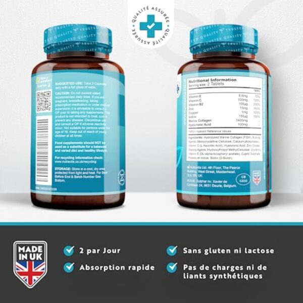 Collagène Marin + Acide Hyaluronique - 1400mg de Collagene Hydrolysé Type 1 - Collagene Marin pour Hydratation de la Peau - avec Vitamine C, E, B2, Zinc et Cuivre - 120 Comprimés - Nutravita – Image 3
