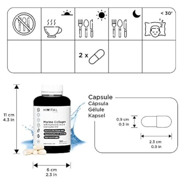 Collagène Marin et Acide Hyaluronique, Coenzyme Q10, Vitamine C et Zinc | 180 gélules (3 mois de traitement) | Peptides pour la santé des articulations, cartilage, les os, peau, cheveux et ongles. – Image 4