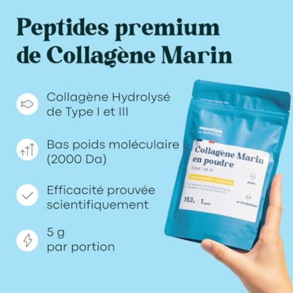 Collagène Marin Poudre Type 1 et 3, Non Aromatisé, 5g par jour, Cure de 30 jours, Peptides Hydrolysés 2000 DA, Peau Hydratée & Articulations Souples, Sachet 153g, Essentials by Novoma – Image 4