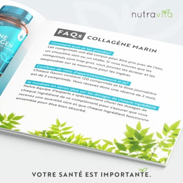 Collagène Marin + Acide Hyaluronique - 1400mg de Collagene Hydrolysé Type 1 - Collagene Marin pour Hydratation de la Peau - avec Vitamine C, E, B2, Zinc et Cuivre - 120 Comprimés - Nutravita – Image 4