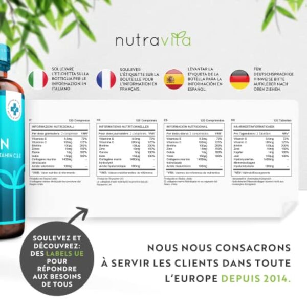 Collagène Marin + Acide Hyaluronique - 1400mg de Collagene Hydrolysé Type 1 - Collagene Marin pour Hydratation de la Peau - avec Vitamine C, E, B2, Zinc et Cuivre - 120 Comprimés - Nutravita – Image 6
