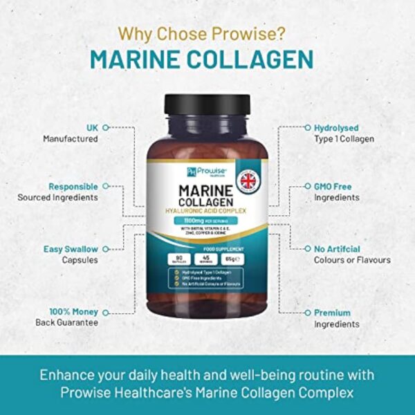 Collagène Marin avec Acide Hyaluronique 1100mg - 90 Capsules Boostées en Acide Hyaluronique, Vitamines C, E, B2, Biotine, Cuivre, Zinc et Iode | Fabriqué au Royaume-Uni par Prowise Healthcare – Image 7