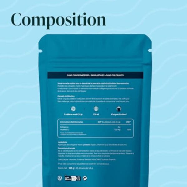 Collagène Marin Poudre Type 1 et 3, Non Aromatisé, 5g par jour, Cure de 30 jours, Peptides Hydrolysés 2000 DA, Peau Hydratée & Articulations Souples, Sachet 153g, Essentials by Novoma – Image 7
