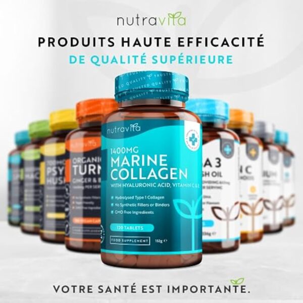 Collagène Marin + Acide Hyaluronique - 1400mg de Collagene Hydrolysé Type 1 - Collagene Marin pour Hydratation de la Peau - avec Vitamine C, E, B2, Zinc et Cuivre - 120 Comprimés - Nutravita – Image 7