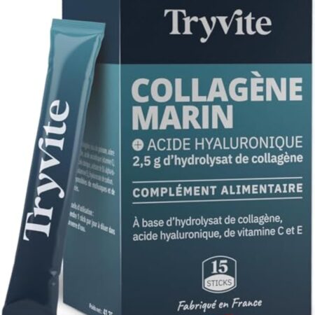Collagene Marin Type 1 et 2 Premium avec Vitamines C & E | 2500 mg Collagene Marin Acide Hyaluronique pour Peau, Cheveux & Articulations | Haute Absorption | TRYVITE | 15 sticks
