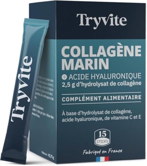 Collagene Marin Type 1 et 2 Premium avec Vitamines C & E | 2500 mg Collagene Marin Acide Hyaluronique pour Peau, Cheveux & Articulations | Haute Absorption | TRYVITE | 15 sticks