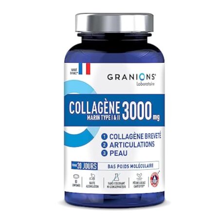 Collagene Marin type 1 et 2 - GRANIONS - Complement alimentaire Collagene Type 2 - Peptide de Collagene Hydrolysé 3000mg avec Manganèse + Cuivre - Collagene Marin | Made in France | 80 comprimés