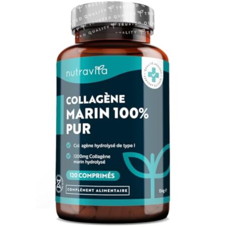 Collagene Marin Hydrolysé Type 1-1200mg - 120 Collagène Marine Comprimés - Peptides de Collagène Hydrolysé - Protéines de Collagen pour Articulations et Hydratation de la Peau - Nutravita