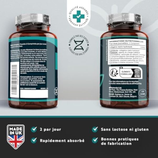 Collagene Marin Hydrolysé Type 1-1200mg - 120 Collagène Marine Comprimés - Peptides de Collagène Hydrolysé - Protéines de Collagen pour Articulations et Hydratation de la Peau - Nutravita – Image 3