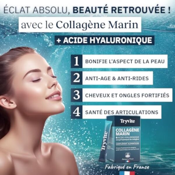 Collagene Marin Type 1 et 2 Premium avec Vitamines C & E | 2500 mg Collagene Marin Acide Hyaluronique pour Peau, Cheveux & Articulations | Haute Absorption | TRYVITE | 15 sticks – Image 3