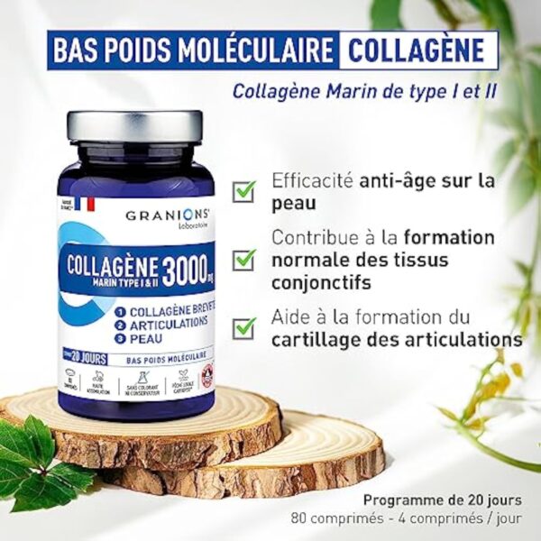 Collagene Marin type 1 et 2 - GRANIONS - Complement alimentaire Collagene Type 2 - Peptide de Collagene Hydrolysé 3000mg avec Manganèse + Cuivre - Collagene Marin | Made in France | 80 comprimés – Image 3