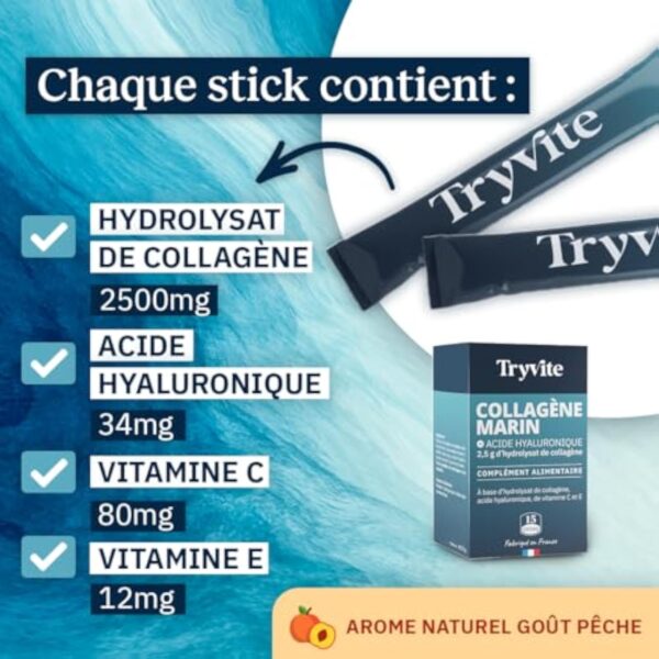 Collagene Marin Type 1 et 2 Premium avec Vitamines C & E | 2500 mg Collagene Marin Acide Hyaluronique pour Peau, Cheveux & Articulations | Haute Absorption | TRYVITE | 15 sticks – Image 4