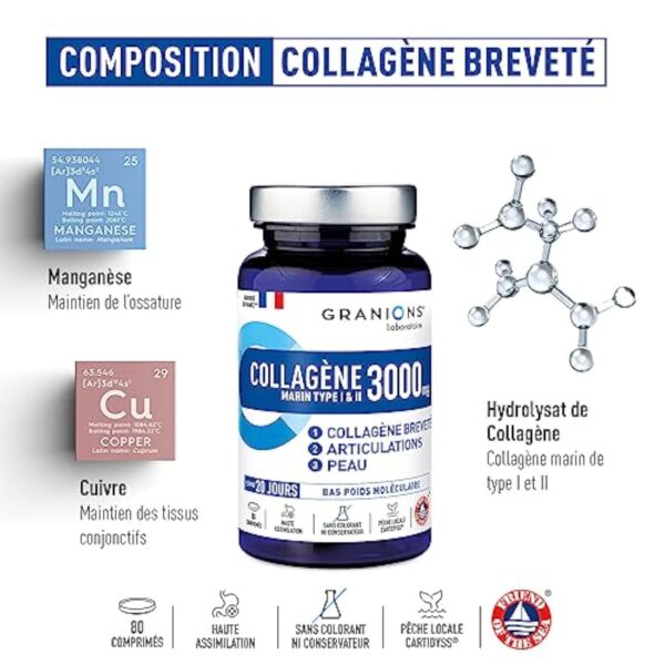 Collagene Marin type 1 et 2 - GRANIONS - Complement alimentaire Collagene Type 2 - Peptide de Collagene Hydrolysé 3000mg avec Manganèse + Cuivre - Collagene Marin | Made in France | 80 comprimés – Image 4